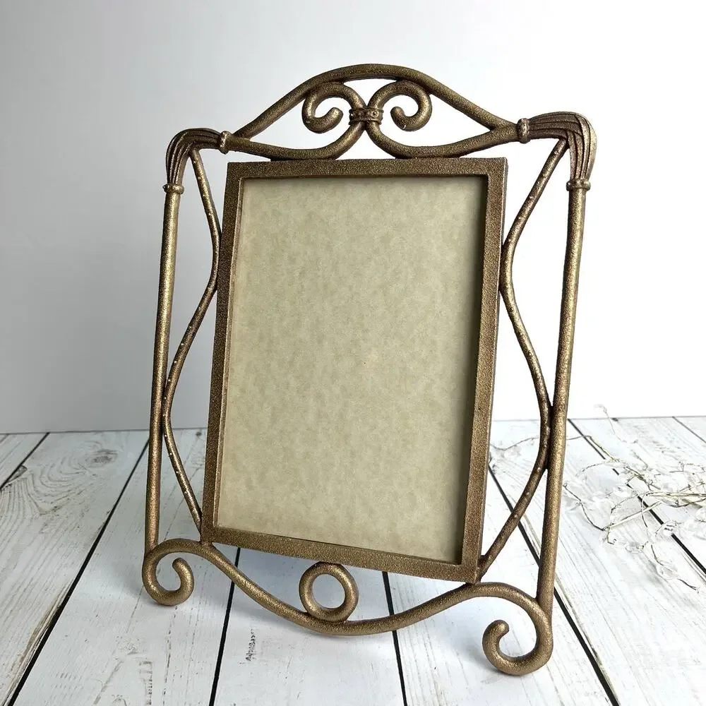 VTG Elsa Gold Tone Art Deco Style Metal Picture Frame Scroll 4.5”x6.375” Opening